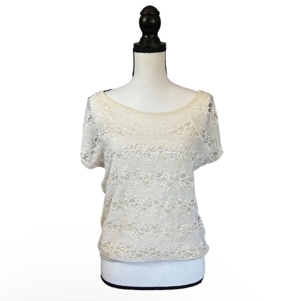 VTG Y2K Eyelash Couture Lace Sequin Top Cream Fairycore McBling Coquette Medium